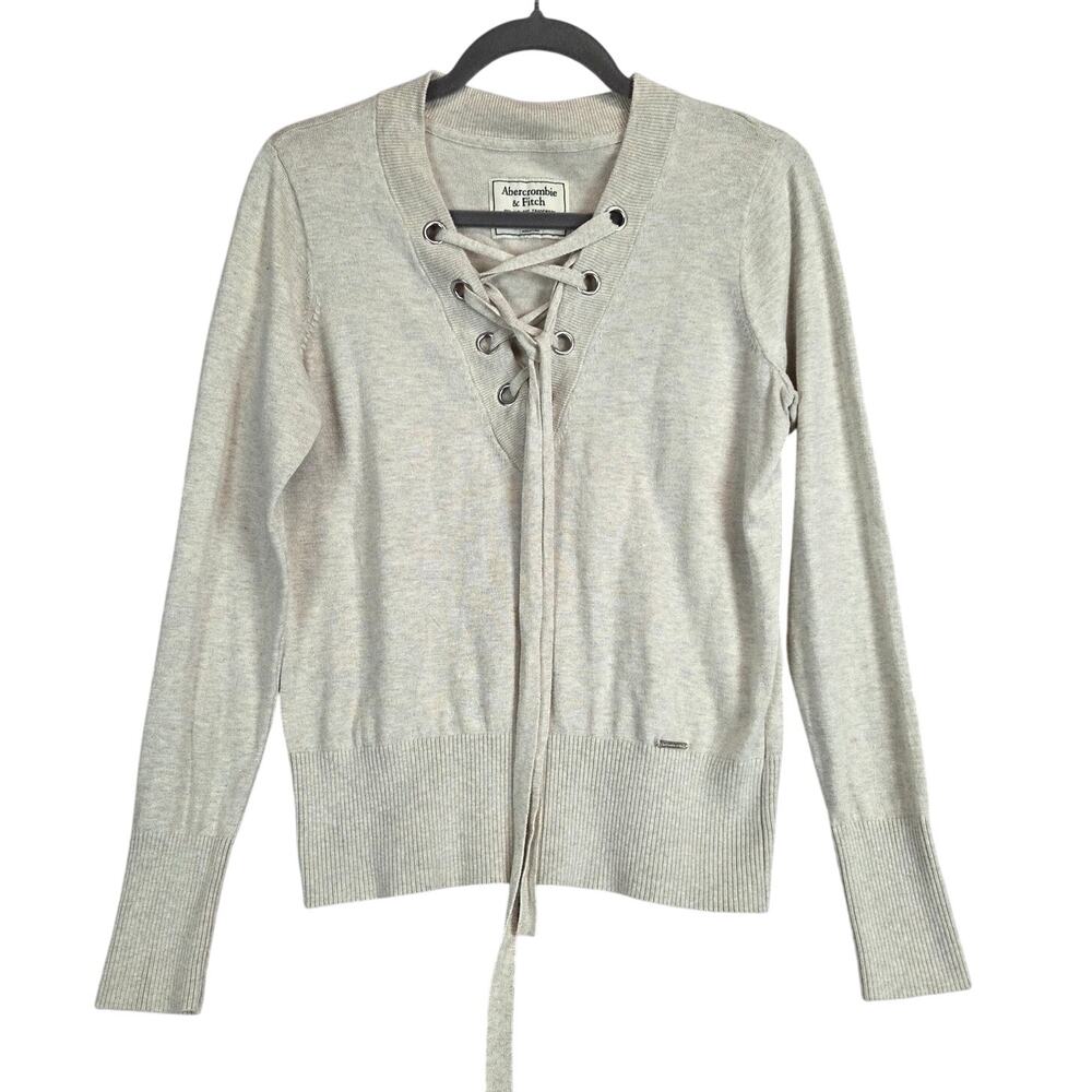 Abercrombie & Fitch Retro Lace up V-Neck Tan Sweater M Chic Minimalist Neutral